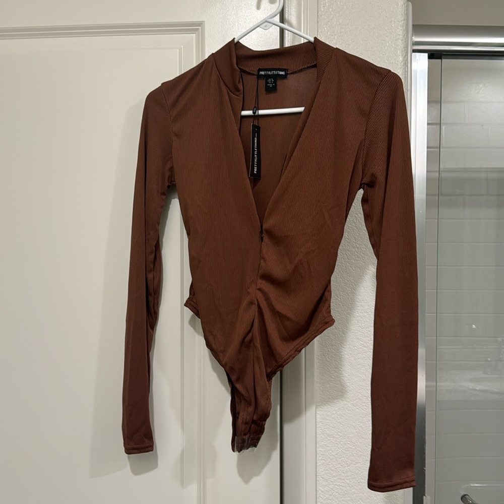 Brown plunge long sleeve bodysuit